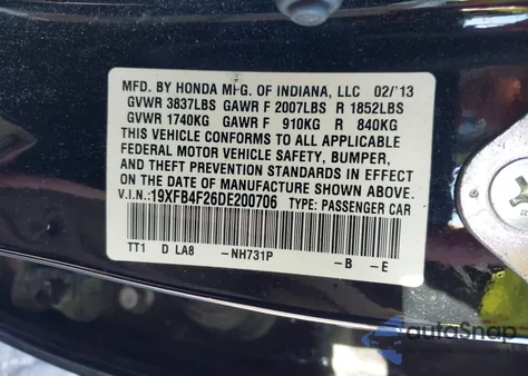 2013 Honda Civic Hybrid from USA, damaged, VIN 19XFB4F26DE200706